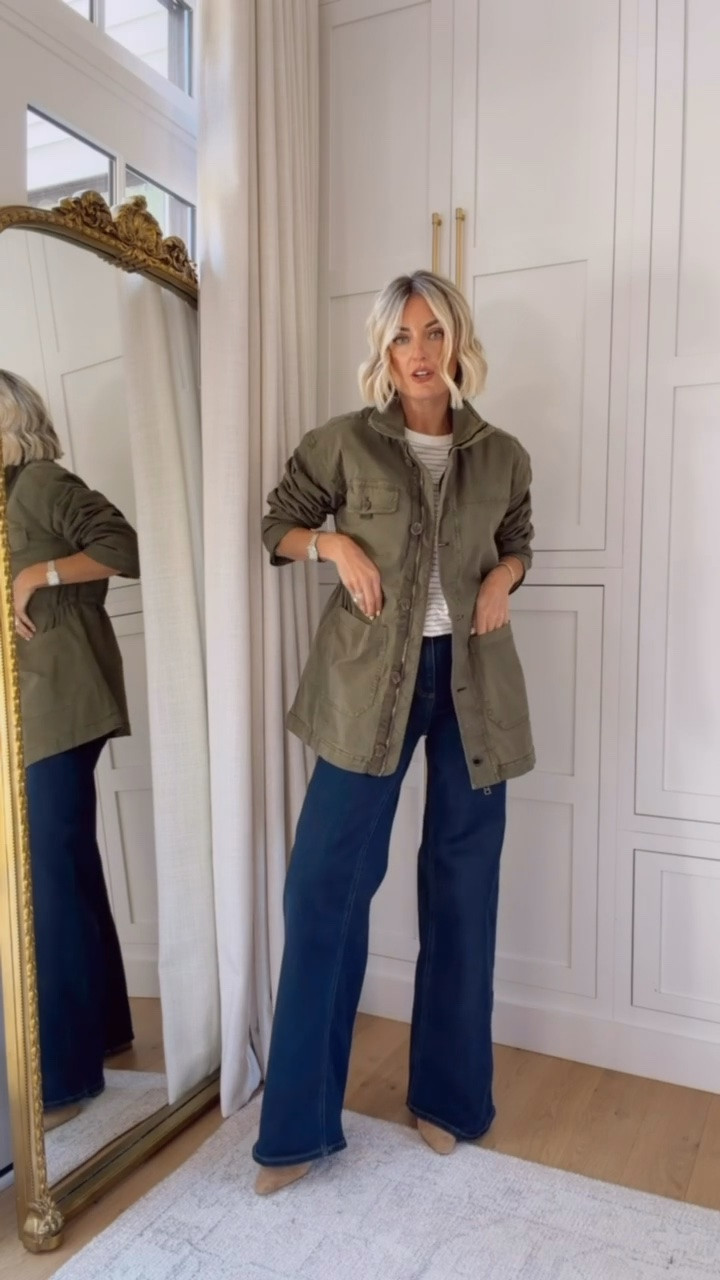 I love a utility jacket in the fall! This one cinches at the waist which is nice, & I love to pop the collar! Wearing XS in jacket, S in long sleeve & 2 in the jeans!

Loverly Grey, Target, fall outfit, green jacket, wide leg jeans, new arrivals, utility jacket

#LTKSeasonal