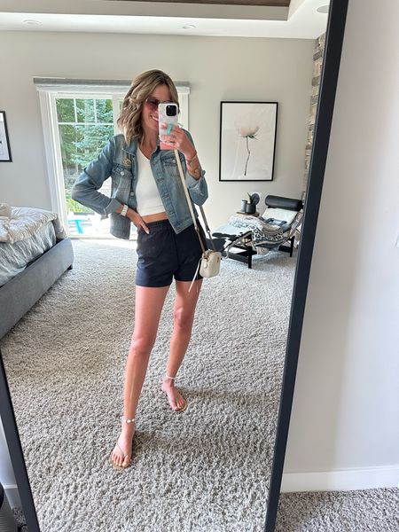 Denim jacket and lululemon softstreme shorts casual outfits for mom and running errands early fall style  