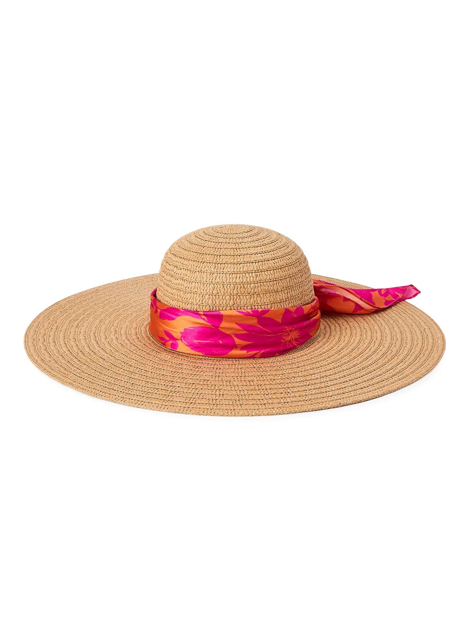 Scoop Women's Straw Sun Hat with Scarf Trim, Adult Female Tan Sunhat | Walmart (US)