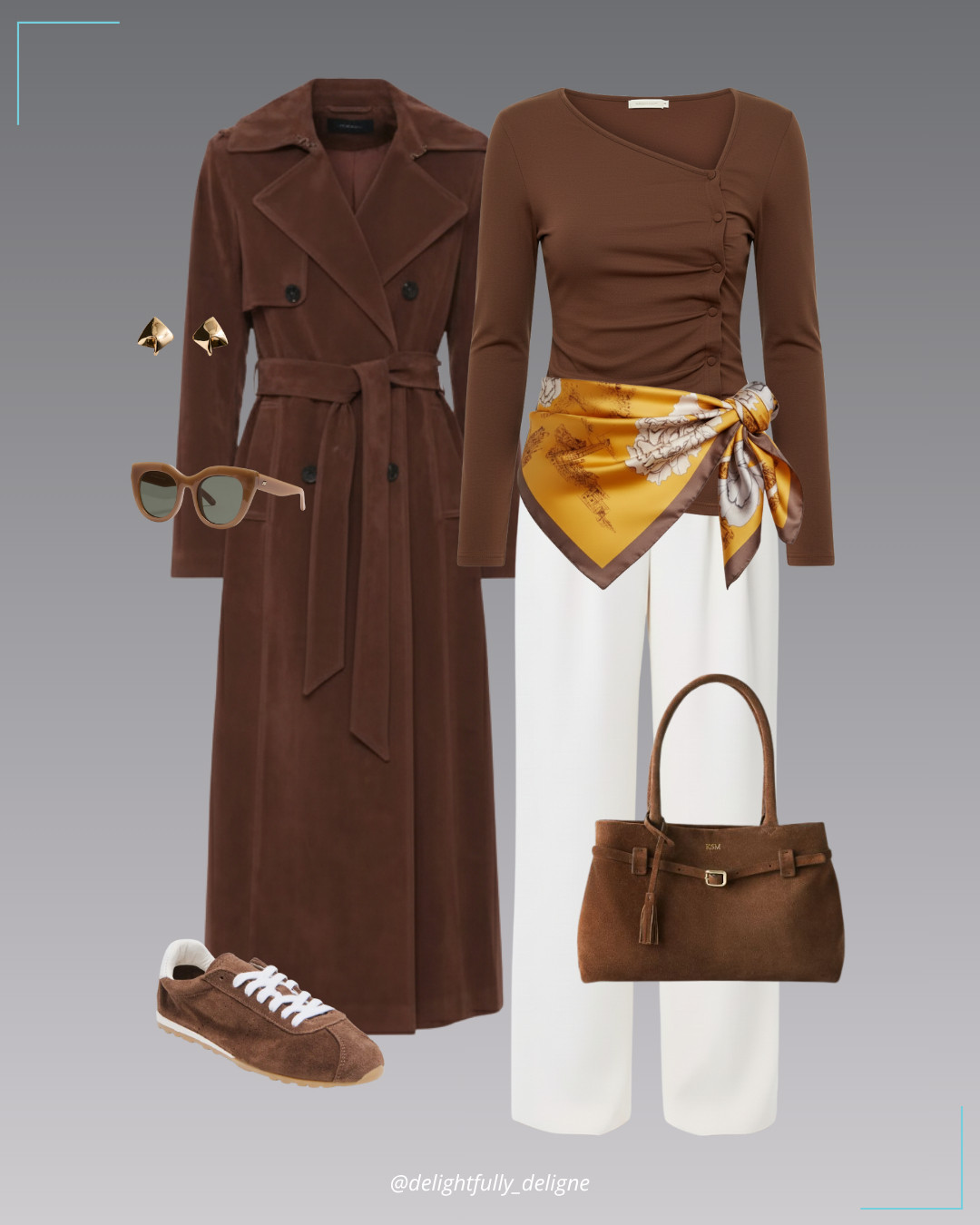 Suede layers 🤎 Faux-suede double-breasted maxi trench coat, asymmetric knit top, wide-leg suiting pants, brown suede sneakers, belted suede handbag, printed scarf & heart sunglasses. 

 #LTKOver40 #LTKStyleTip #LTKWorkwear