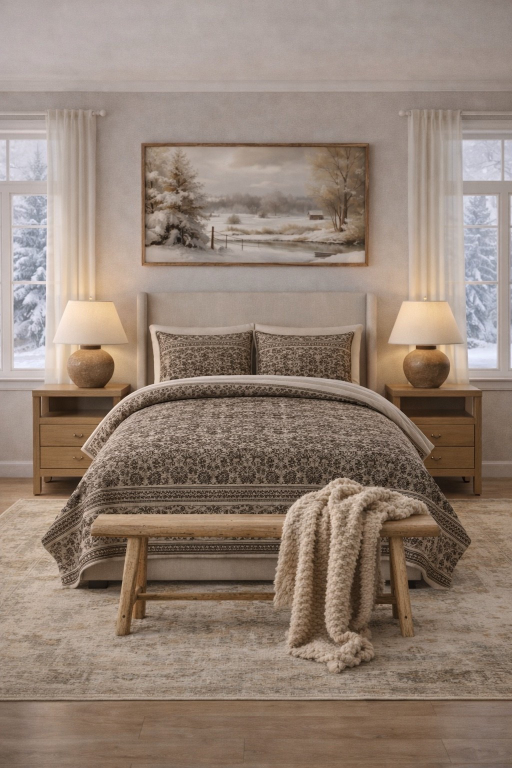 Modern Organic Winter Bedroom with Walmart Quilt, Wood Nightstands & Cozy Bench

Follow @farmtotablecreations on Instagram for daily home decor inspiration, styling ideas, and favorite finds.

This cozy winter bedroom is styled around an affordable Walmart quilt that brings in beautiful depth and pattern while still keeping the space soft and neutral. Warm wood nightstands ground the room, while a simple upholstered bed keeps everything feeling light and timeless. A skinny bench at the foot of the bed adds a relaxed, layered look with a neutral throw casually draped over the edge.

The landscape artwork above the bed finishes the space without overpowering it. Use code FARMTOTABLE for 15% off artwork — the 20x40 size with Briarsmoke stain is the perfect scale for a king or queen bed and works beautifully in modern organic spaces.

#bedroom #bedroomdecor #neutralbedroom #bedding #quilt #walmartfinds #nightstand #bedroomfurniture #bench #tablelamp #area rug 

#LTKSaleAlert #LTKHome #LTKFindsUnder50