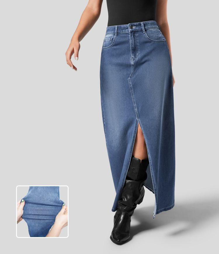 HalaraMagic™ Mid Rise Button Zipper Multiple Pockets Split A Line Stretchy Knit Denim Maxi Casu... | HALARA