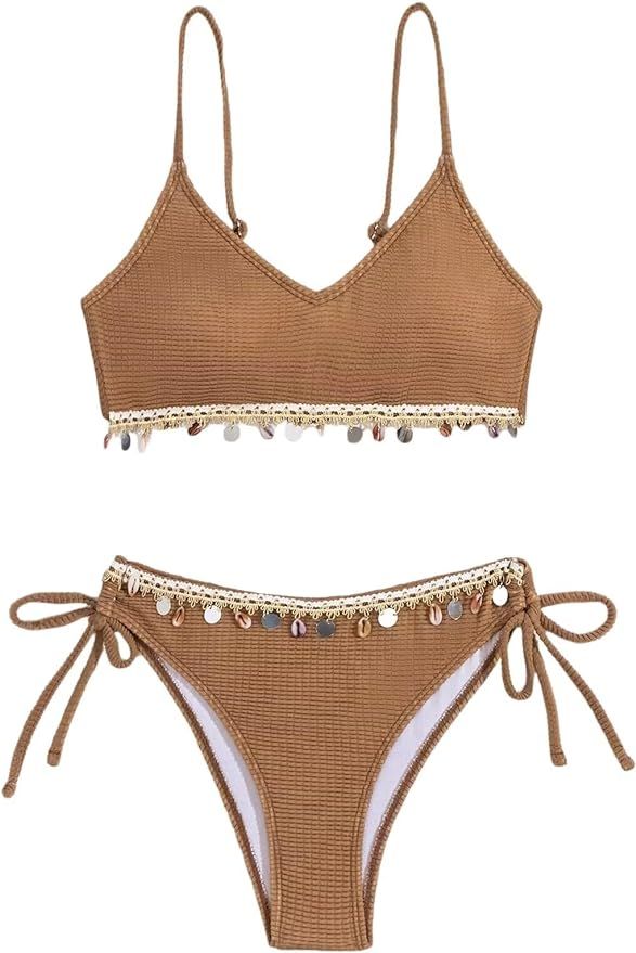 Women's Shiny V Neck Bathing Suit Triangle Summer Swimsuit Bikini Set 2 Piece | Amazon (US)