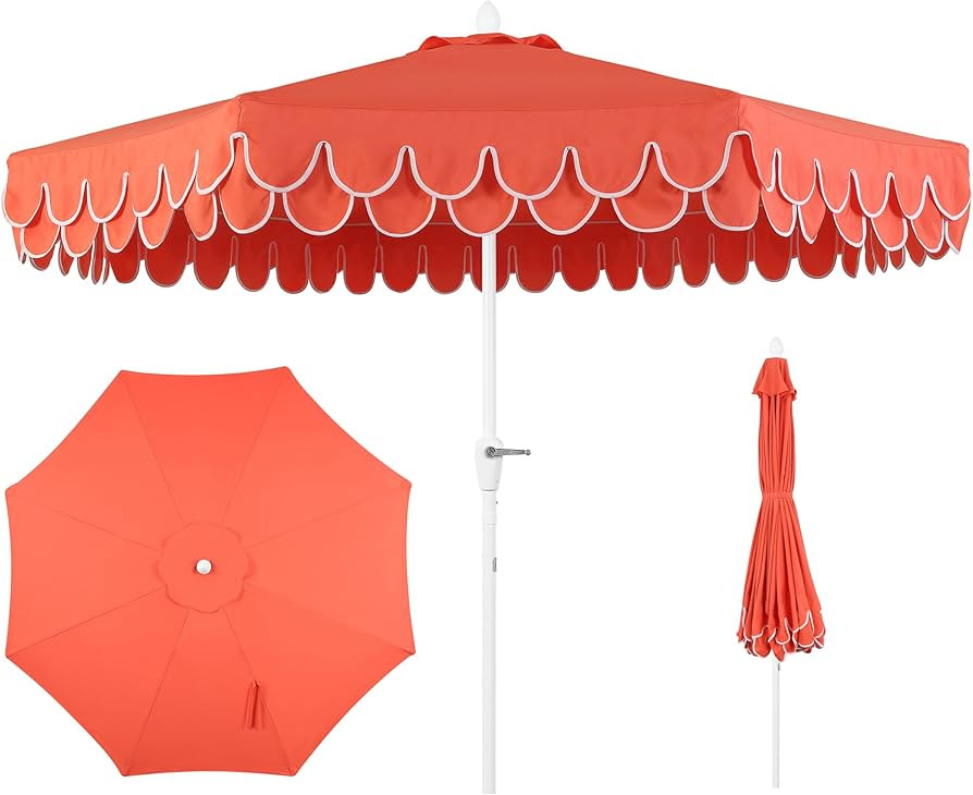JONATHAN Y UMB1002F Tracy 9 ft. Classic MidCentury Scalloped Fringe Market Patio Umbrella with Au... | Amazon (US)