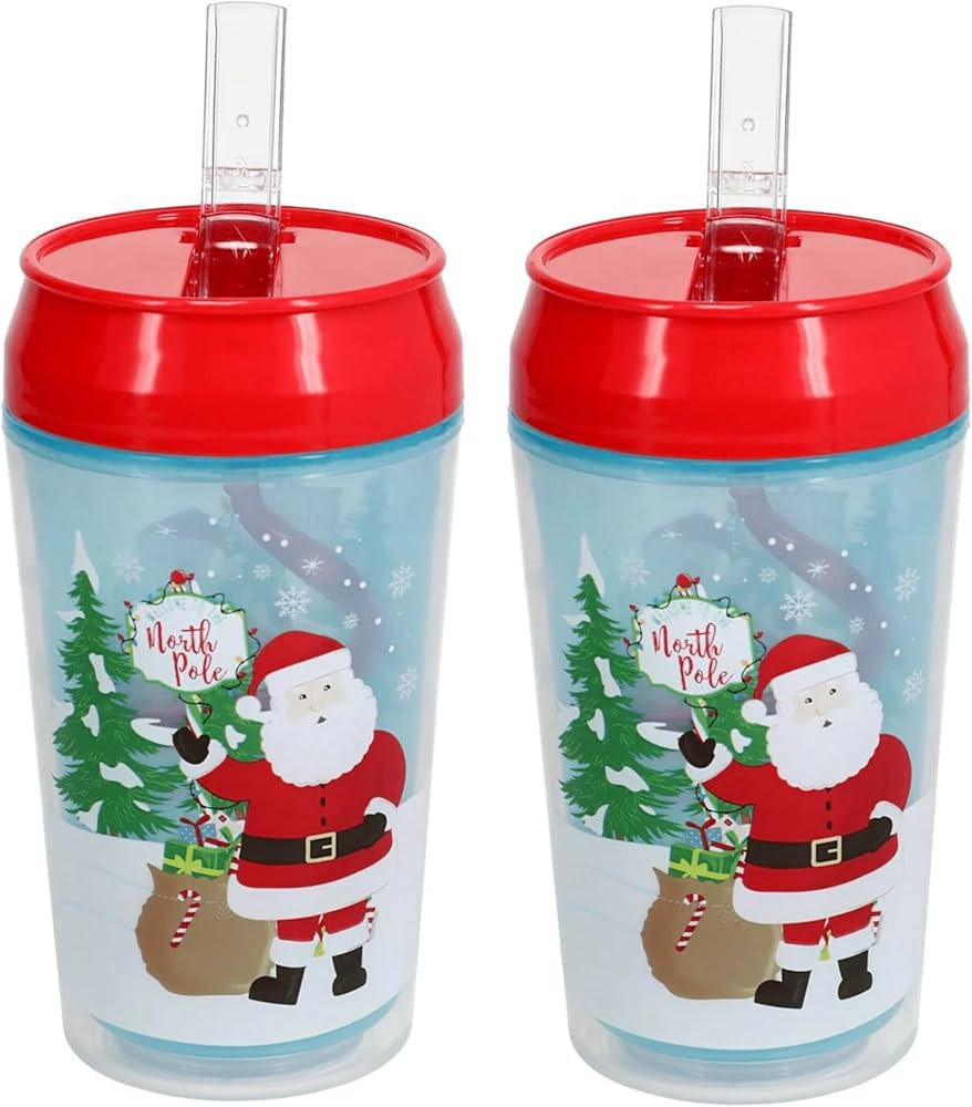Double Wall Christmas Holiday Themed 12-oz Plastic Tumblers with Flip-Up Straws - Santa in Winter... | Amazon (US)