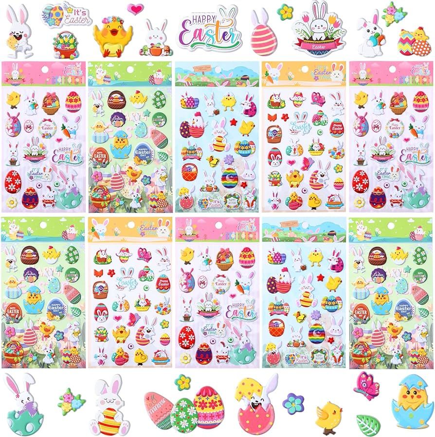 UPINS Easter Puffy Stickers for Kids, 10 Sheets Easter 3D Cute Puffy Stickers Rabbit Egg Carrots ... | Amazon (US)
