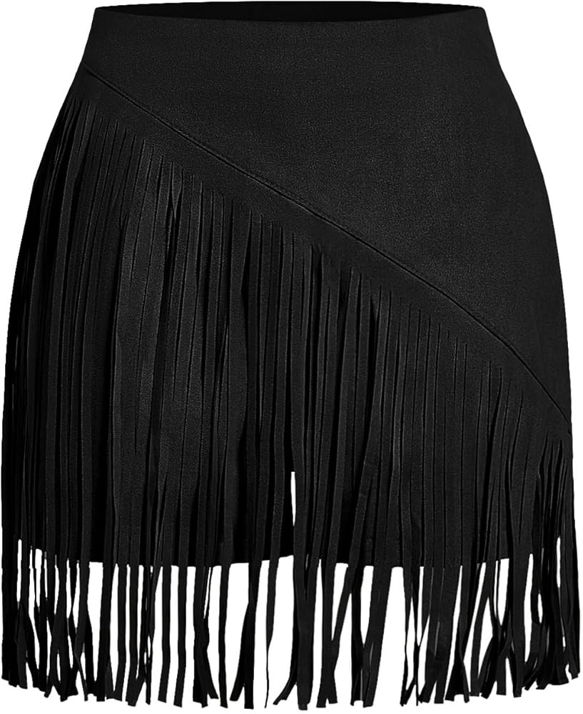 SweatyRocks Women's Cowgirl Fringe Skirts Faux Suede Western Mini Skirt Country Concert Outfits | Amazon (US)
