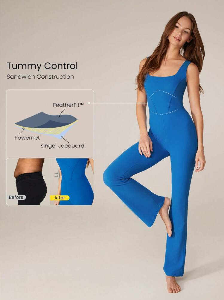 GLOWMODE 31" FeatherFit™ Tummy Control U-Back Square Neck Flare Jumpsuit Low Impact Yoga Daily ... | SHEIN