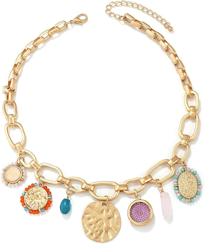 JNF Gold Charm Necklace for Women Paperclip Chain Necklace Sun Moon Star Coin Heart Flower Boot B... | Amazon (US)