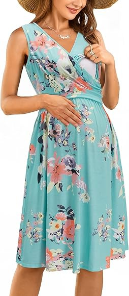 OUGES Womens V-Neck Sleeveless Summer Floral Maternity Dresses Nursing Gown Breastfeeding Dress | Amazon (US)