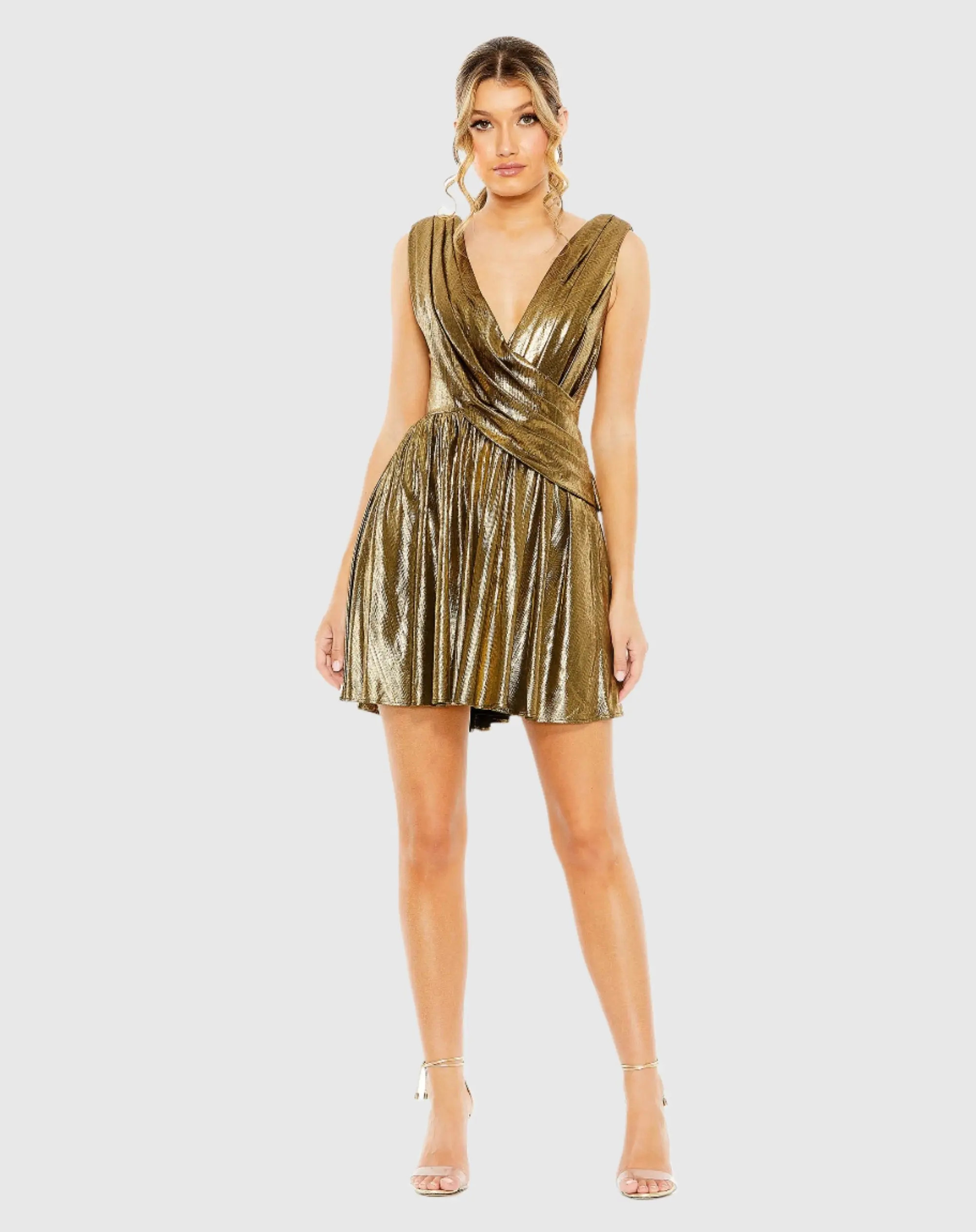 Ieena for Mac Duggal - Gold Sleeveless Cowl Detail A Line Mini Dress - Antique Gold / US 0 | Mac Duggal