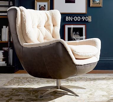 Wells Tufted Leather Shearling Swivel Armchair | Pottery Barn (US)