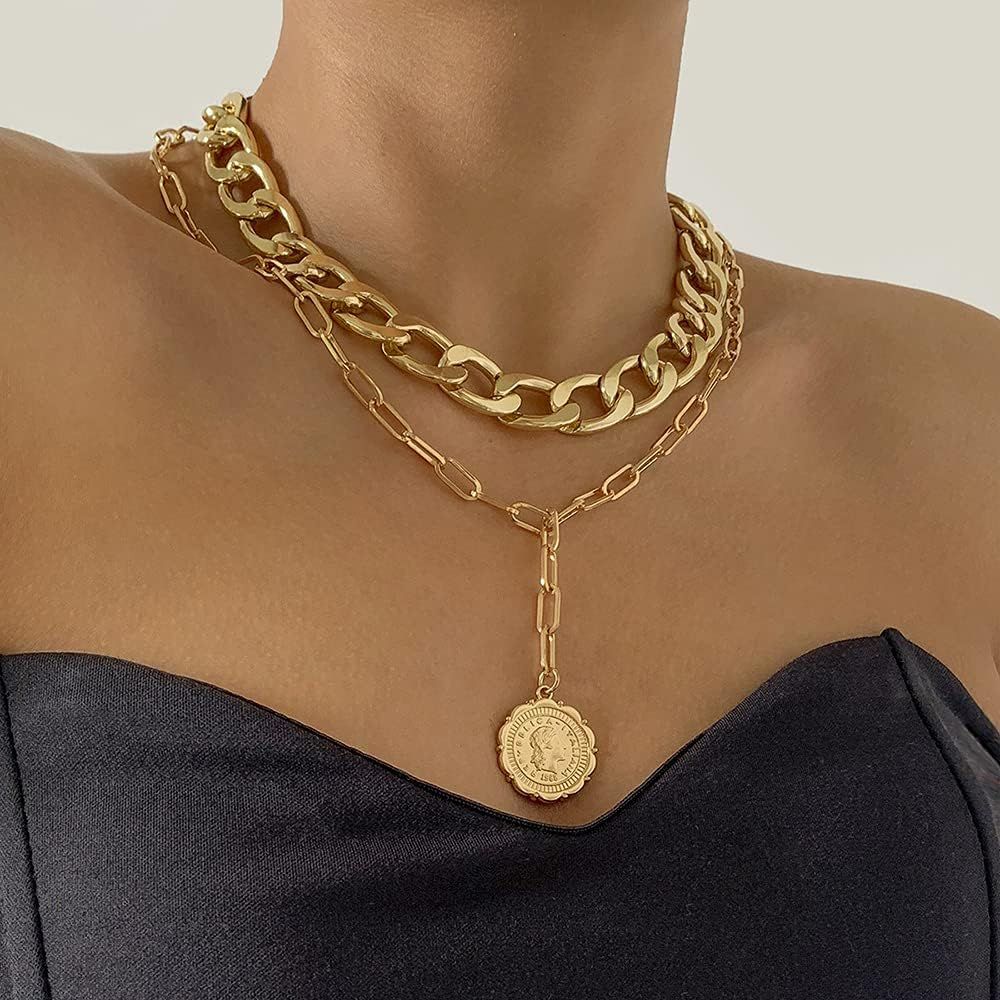 Gold Boho Cuban Chunky Necklace Layered Dainty Paperclip with Coin Pendant Choker Chain for Women... | Amazon (US)