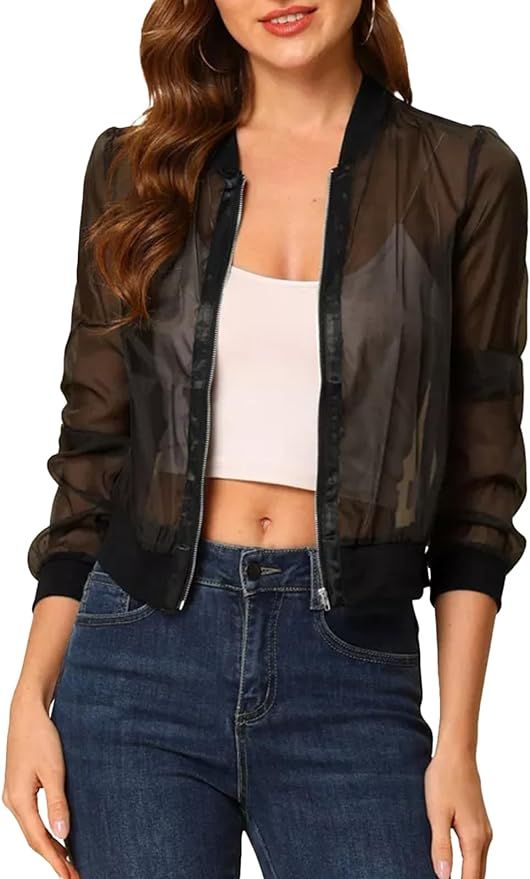 Fisoew Women's Crop Mesh Sheer Bomber Jackets Lightweight Long Sleeve Zip Up Jacket Outwear | Amazon (US)
