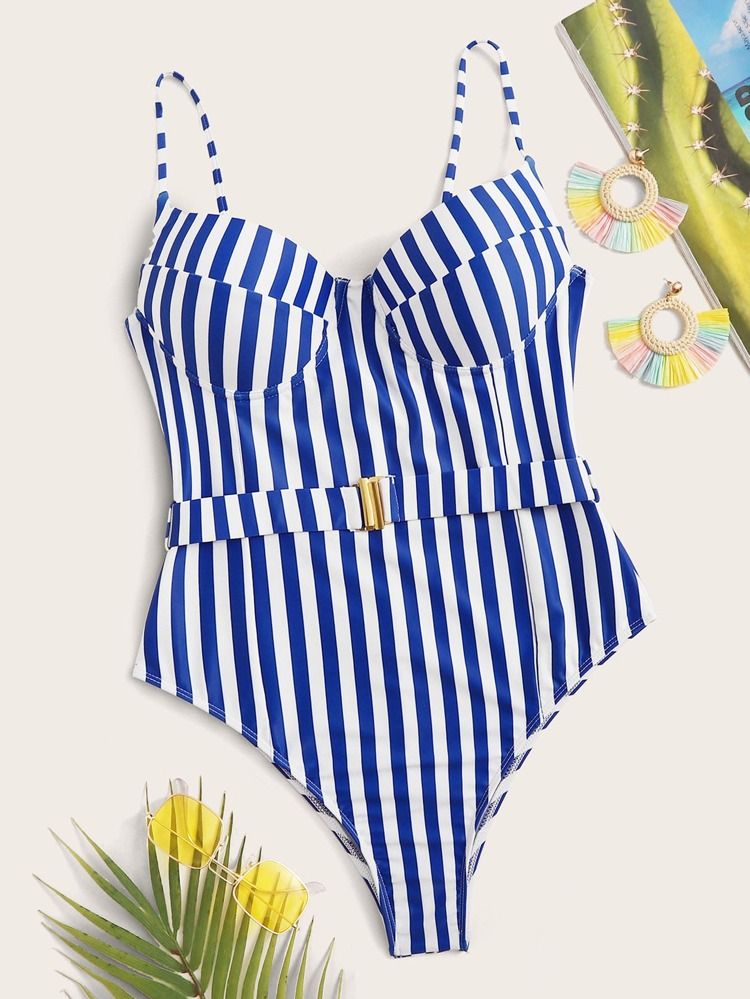 Striped Belted One Piece Swimsuit | SHEIN