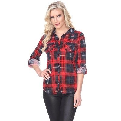 Women's Oakley Stretchy Plaid Tunic Top with Pockets - White Mark | Target