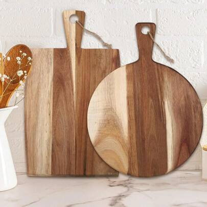 2 Pcs Acacia Wood Cutting Board With Handle Wooden Charcuterie Board Large Paddle Carving Chopping Set Butter Serving Tray For Cheese Meat Fruit Pizza | SHEIN