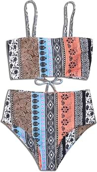 AKYORA Women Boho Bikini High Waisted Swimsuits Spaghetti Straps Swimwear Tie Closure Bathing Sui... | Amazon (US)