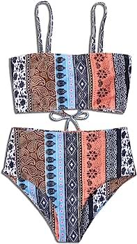 AKYORA Women Boho Bikini High Waisted Swimsuits Spaghetti Straps Swimwear Tie Closure Bathing Sui... | Amazon (US)