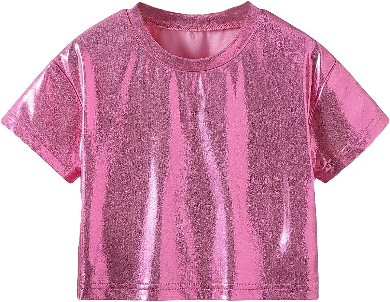 Verdusa Toddler Girl's Metallic Drop Shoulder Short Sleeve Round Neck Crop Tee Top | Amazon (US)