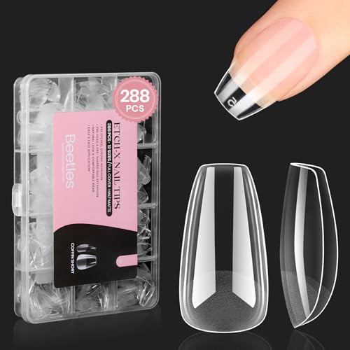 Beetles Gel Nail Tips Short Coffin Pre-Etched Nail Tips, 12 Sizes 288 Pcs Full Cover Soft Tips Half Matte False Nails Clear Acrylic Glue on Nails Extension DIY Manicure Gifts for Women | Amazon (US)