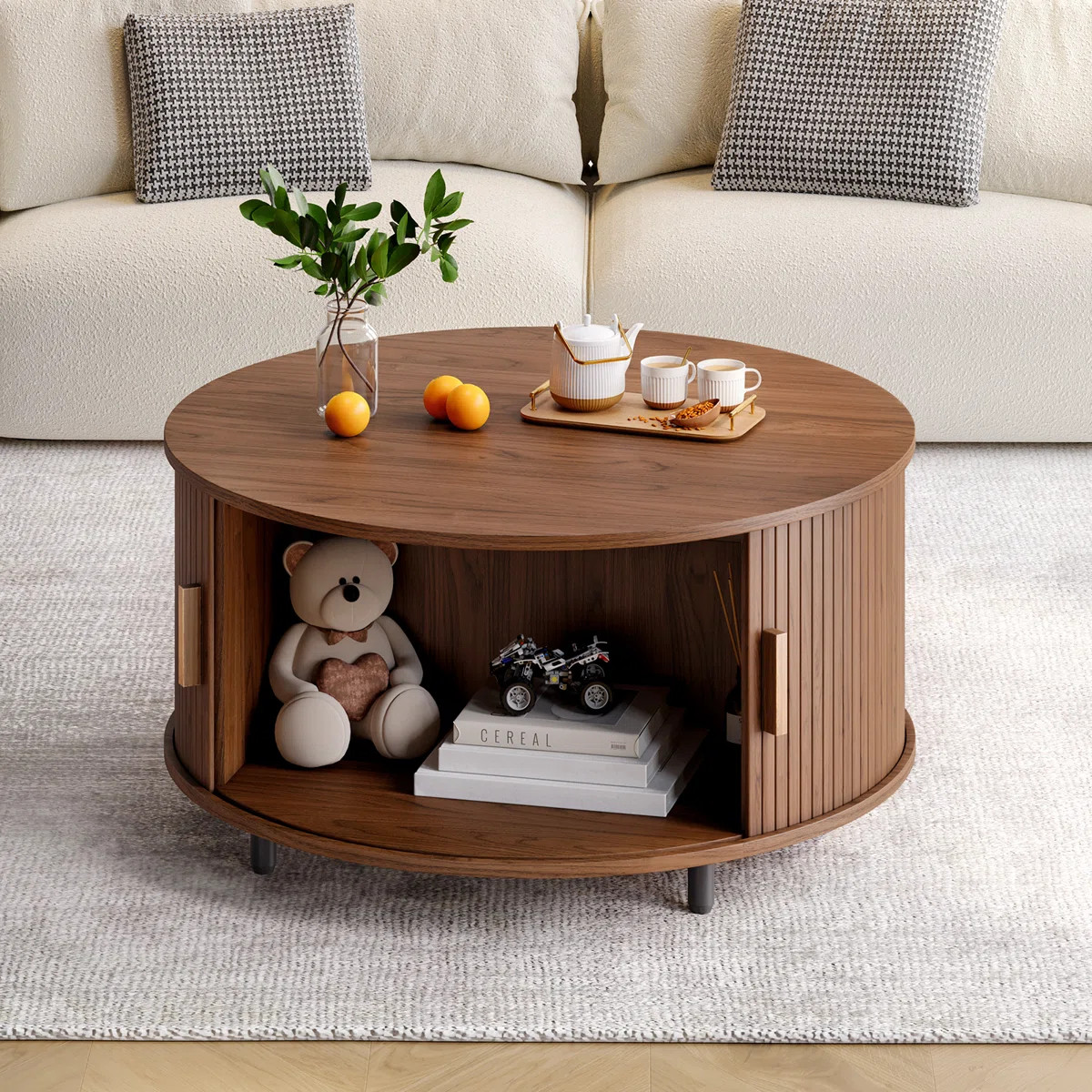 31.5" Modern Round Coffee Table With 360° Curved Sliding Door | Wayfair North America