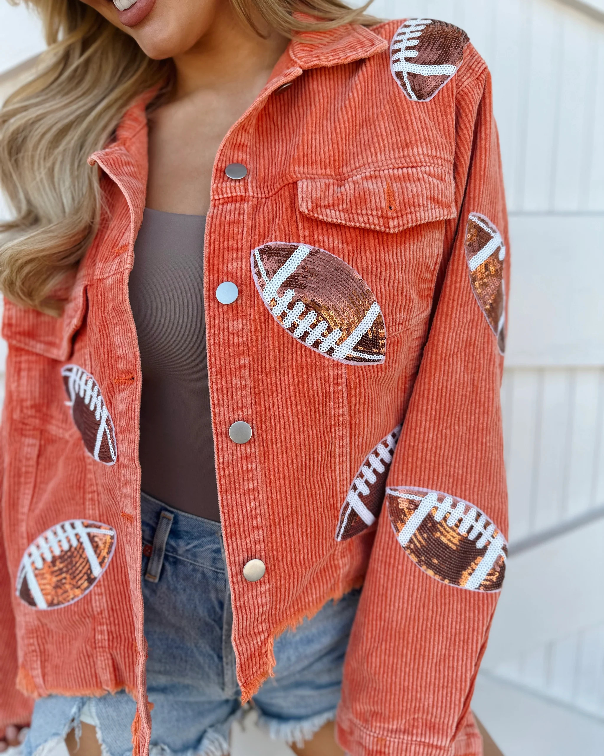 Orange Corduroy Sequin Football Cropped Jacket (Pre-Order Ships 9/15) | Live Love Gameday®