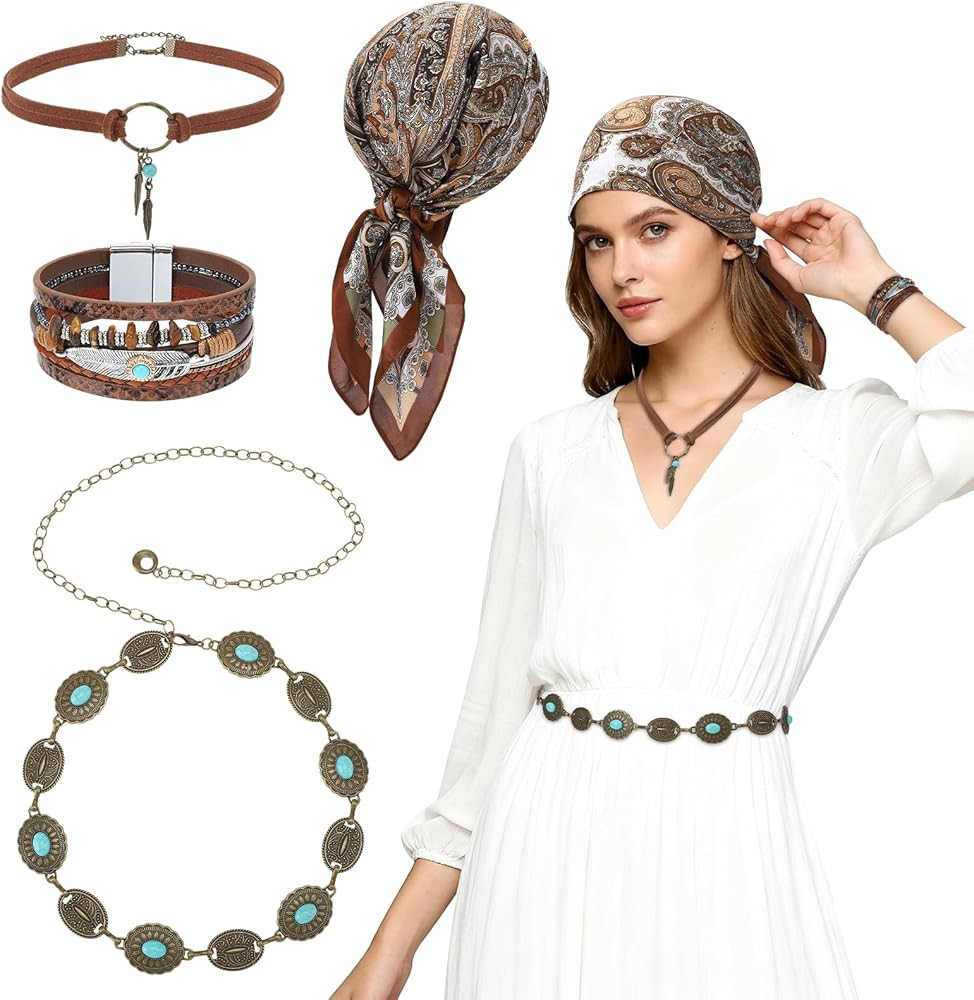JATEBI 4 Pcs Western Cowgirl Jewelry Set for Women, Boho Turquoise Accessories with Head Scarf, C... | Amazon (US)