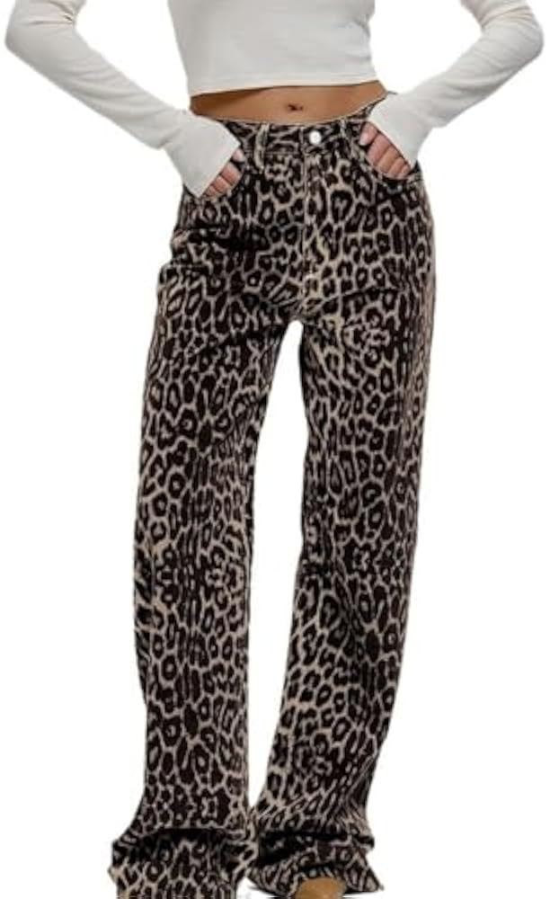Leopard Print Jeans for Women - Y2K Light Cheetah Print Pants, Flare Straight Leg High Waisted Pa... | Amazon (US)