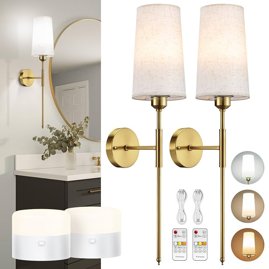 Battery Operated Wall Sconce Set of 2, 13000mAH Rechargeable Wall Sconce with Remote Dimmable Wir... | Amazon (US)