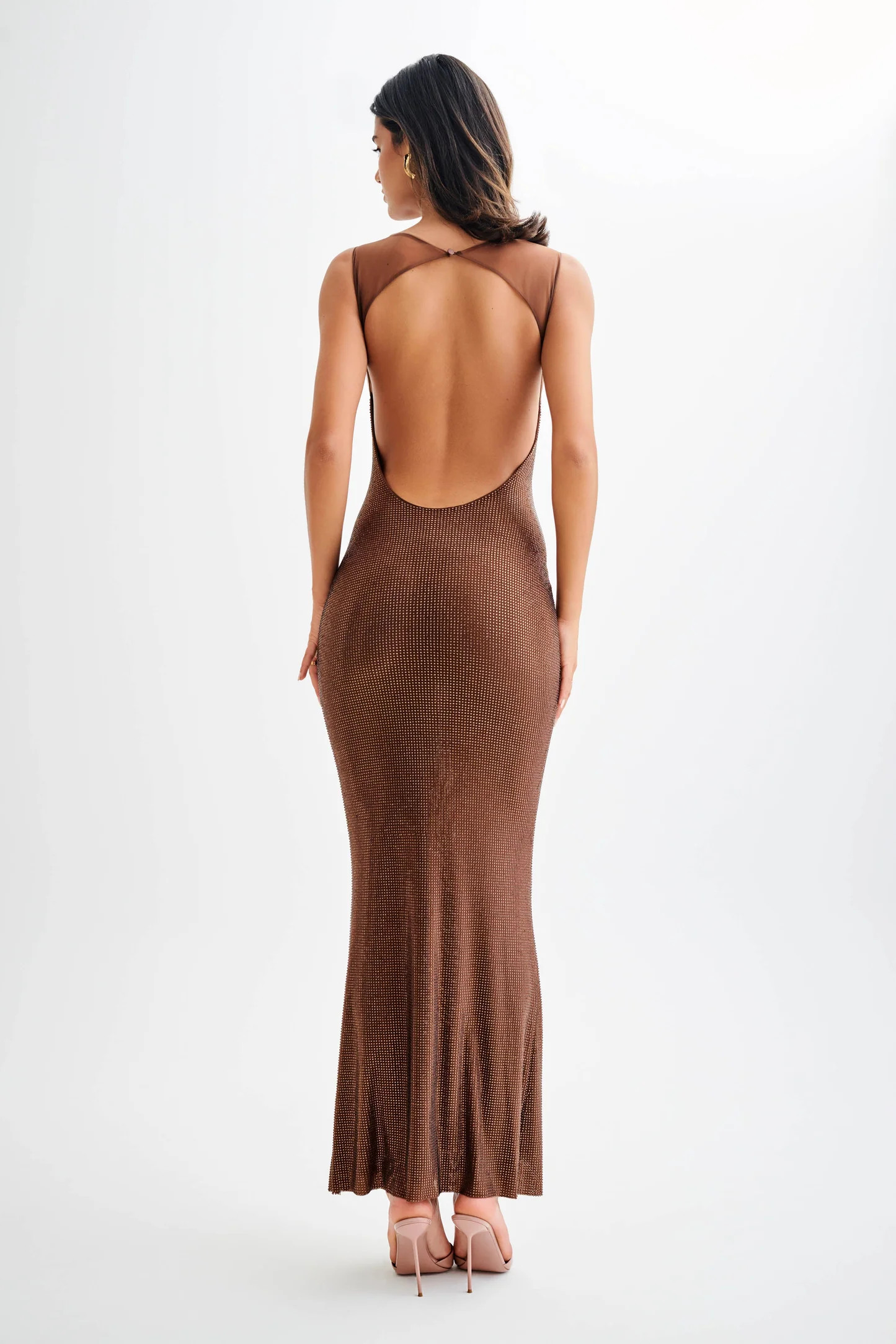 Hot Fix Maxi Dress With Mesh Back - Chocolate | MESHKI US
