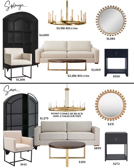 Splurge or save. Tall black cabinet. Modern living-room. White sofa. White couch. Round mirror. Black side table. Dining chair with arms. Round coffee table. Brass chandelier. Restoration hardware dupe. Round mirror. Black night stand. Look for less. 

#LTKsalealert #LTKhome