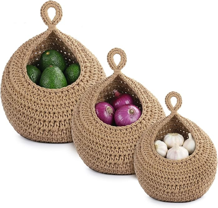 Hanging Storage Baskets Boho Decor Set of 3, Handmade Cotton Rope Wall-Mounted Fruit & Vegetable ... | Amazon (US)