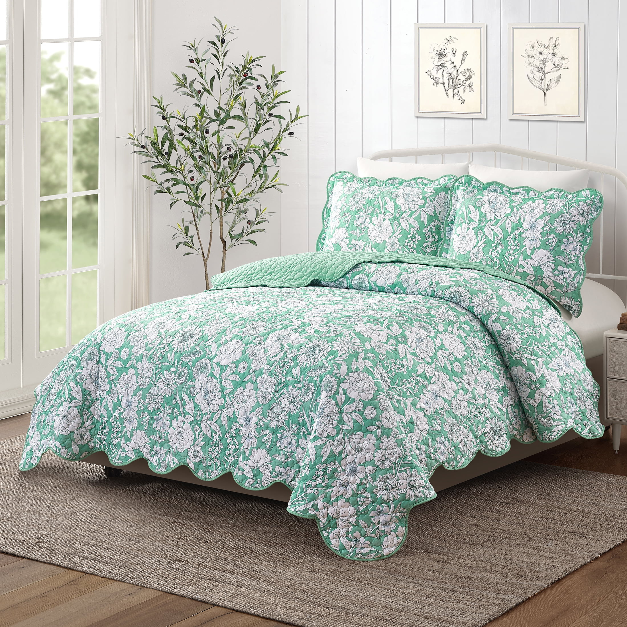 Mainstays Green Floral 3-Piece Quilt Set, Full/Queen | Walmart (US)