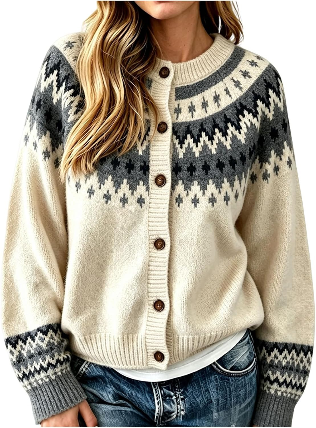 Women Fair Isle Cardigan Sweater Nordic Cable Knit Pullover | Amazon (US)