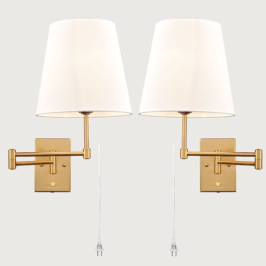HYDELITE Gold Swing Arm Wall Lamp Brass Wall Sconces with Linen Shade | Plug-in or Hardwired Wall... | Amazon (US)