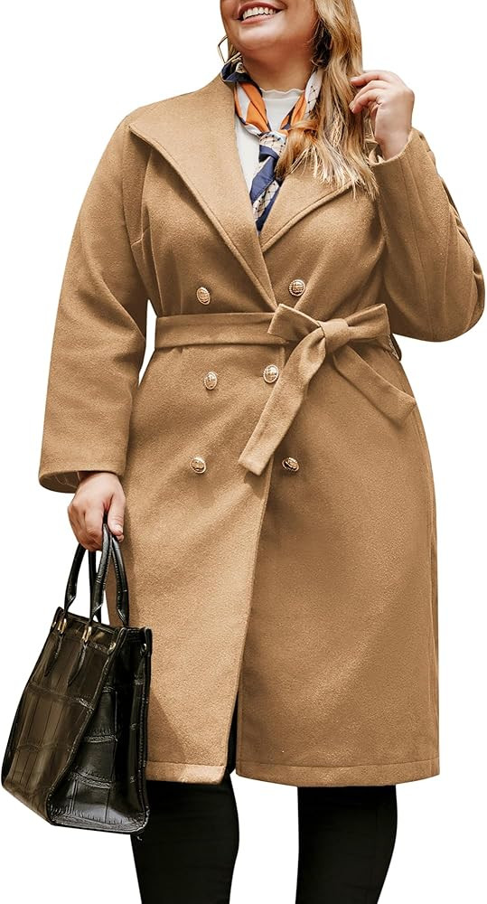 Hanna Nikole Women's Plus Size Winter Wool Coat Double Breasted Peacoats with Belt Notch Lapel Mi... | Amazon (US)