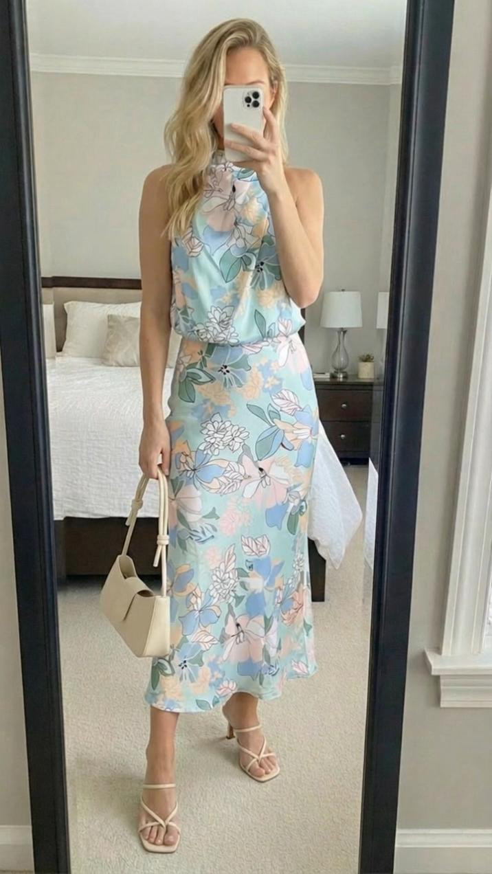 This is SUCH a soft, elevated spring look 🌸✨

Here’s the breakdown of why this outfit works so well — and how you could recreate it for content or sales:

🌿 The Dress

Pastel blue base with oversized watercolor florals

High neckline (very polished, very chic)

Midi length with a slight A-line drape

Lightweight, silky fabric that moves beautifully

It feels:

Spring brunch

Easter

Baby shower

Garden wedding guest

“Effortlessly put together” mom energy

🤍 The Accessories

Nude strappy heels (elongate the legs)

Structured mini cream handbag

Minimal jewelry (clean + refined)

Everything is soft and neutral so the dress stays the statement 

 