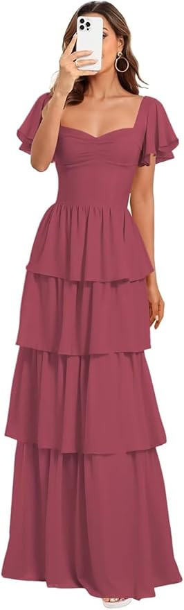 Eyhuoaa Tiered Bridesmaid Dresses Short Sleeve Long Chiffon Wedding Guest Dress for Women Ruffles... | Amazon (US)