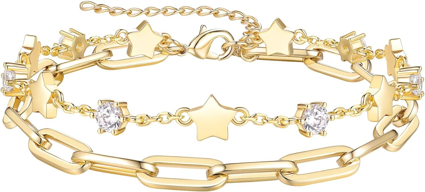 14K Gold Plated Bracelets for Women 7 Inches with 1.2 Inches Extender Paperclip Link Chain Bracel... | Amazon (US)