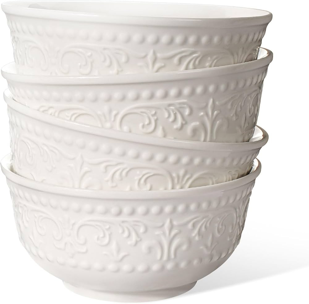 Cereal Bowls Set of 4 - Ceramic Soup Bowls for Kitchen 30 Oz Embossment White Breakfast Bowls for... | Amazon (US)