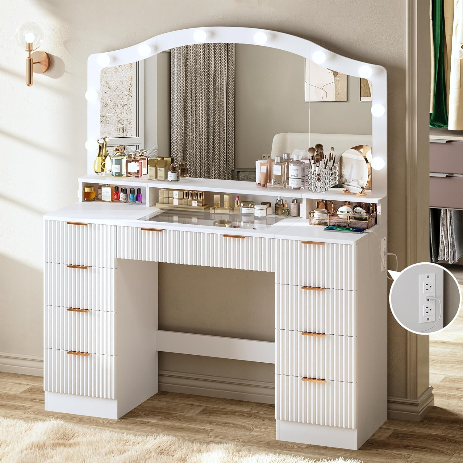 46" Fluted Vanity Desk with Large Mirror and Lights, Makeup Vanity Desk with Glass Top & Power Ou... | Amazon (US)
