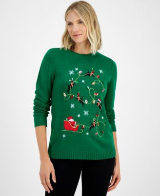 Holiday Lane Womens Kitten Sleigh Crewneck Sweater Pxs Xxl Created For Macys | Macy's
