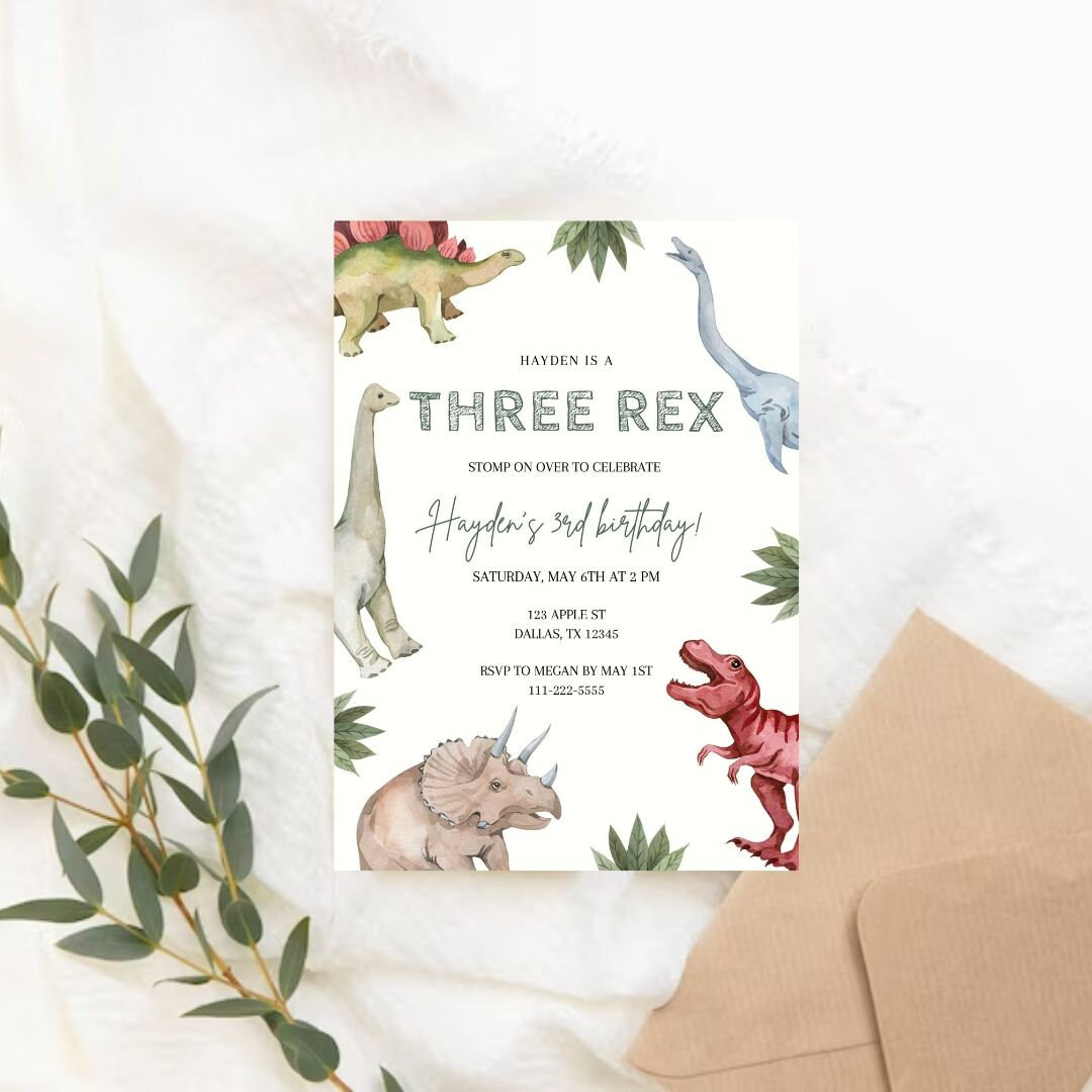Three-Rex Invitation, Dinosaur Birthday invitation, Three Rex Birthday, Instant Download, Editabl... | Etsy (US)