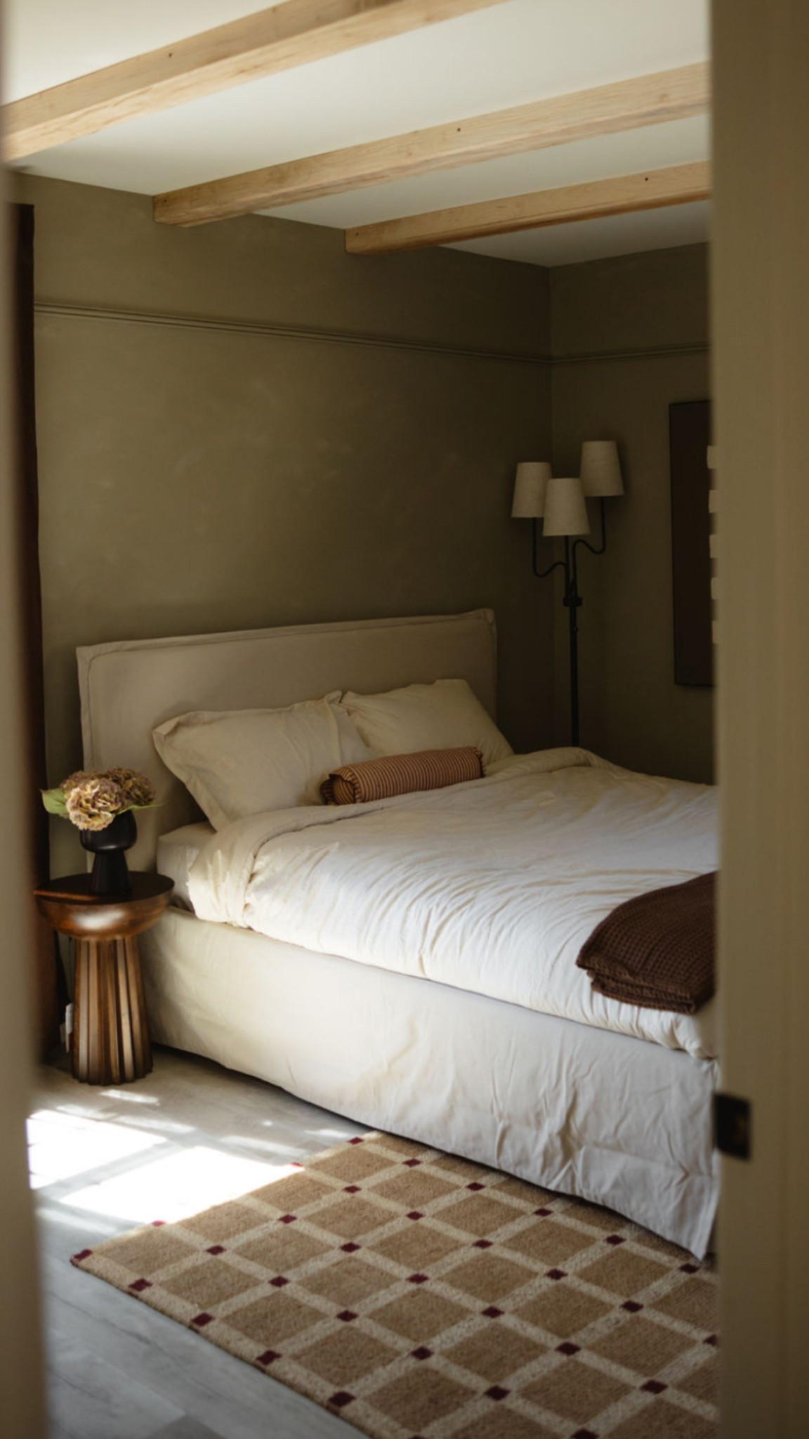 Faux wood ceiling beams, bedroom inspo. Bed is from IKEA (tarnkullen) #woodbeams #ikeabed #floorlamp #bedroominspo 

#LTKHome