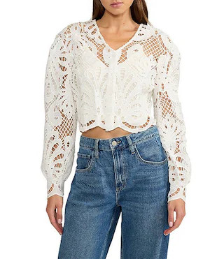 Lucy Paris Kathryn Eyelet Lace V-Neck Long Sleeve Button Front Top | Dillard's | Dillard's