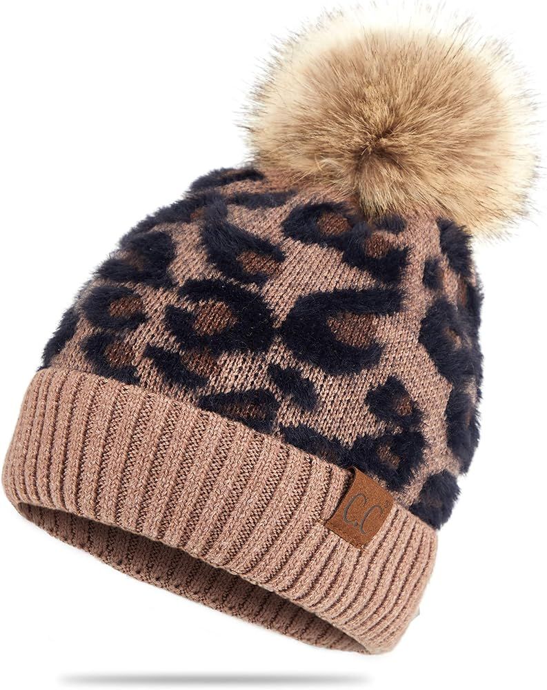 C.C Exclusives Soft Beanie hat with Leopard Pattern and Fur Pom(HAT-7001)(SF-7001) | Amazon (US)