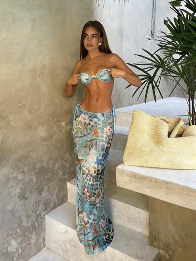 2026 Women's Summer Beach Swimsuit Set, Random Print Spaghetti Strap Sexy Bikini, Elegant Swimwea... | SHEIN