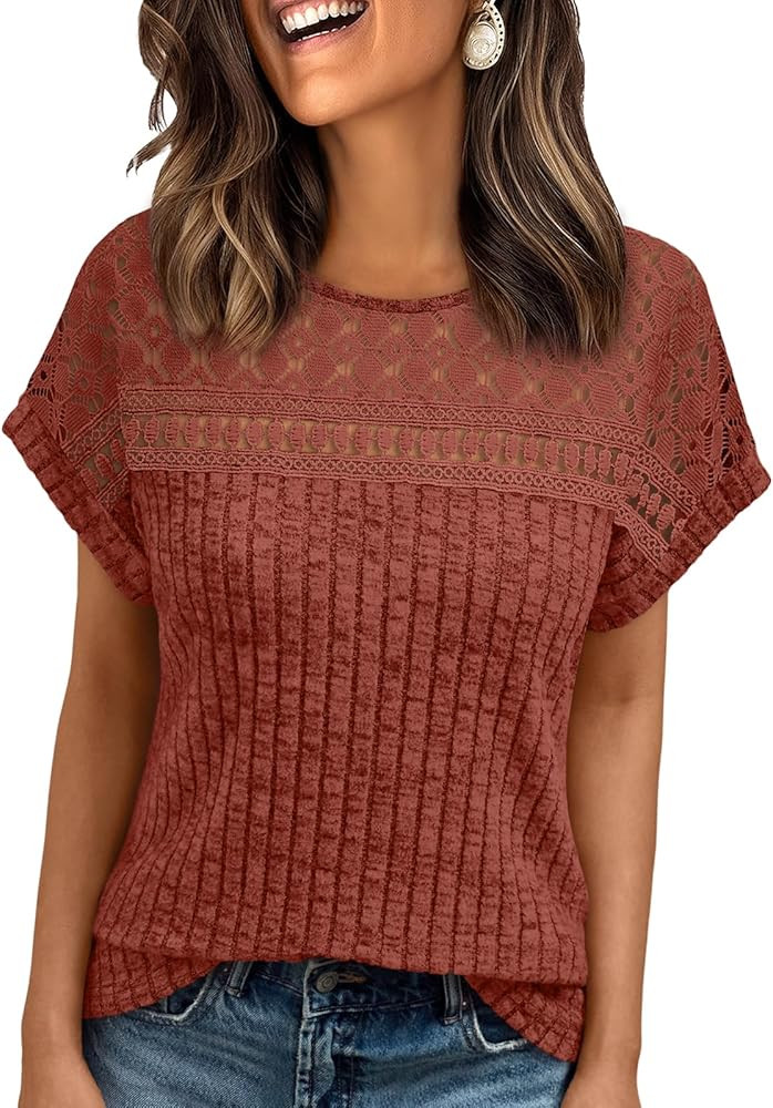 AUTOMET Womens Lace Short Sleeves Shirts Crochet Spring Loose Tops Dressy Business Casual Blouses... | Amazon (US)