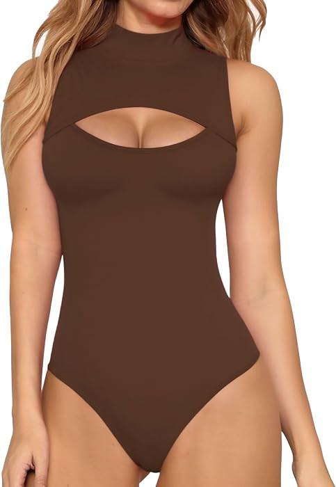 MANGOPOP Women's Mock Neck Cutout Front Bodysuit Long Sleeve Sleeveless Top | Amazon (US)